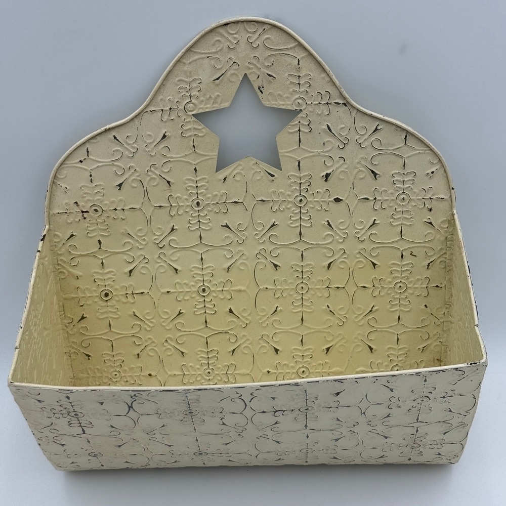 Cream Distressed Metal Wall Mail Organizer Star Cutout Embossed Damask Bin